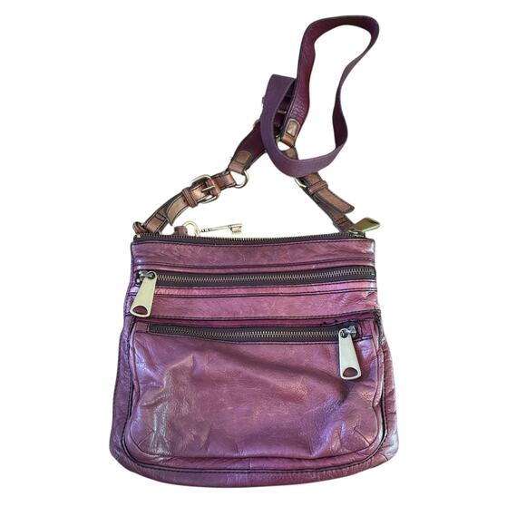 Fossil Burgundy Leather Cross Body Explorer Bag with Brass Hardware - Picture 1 of 7